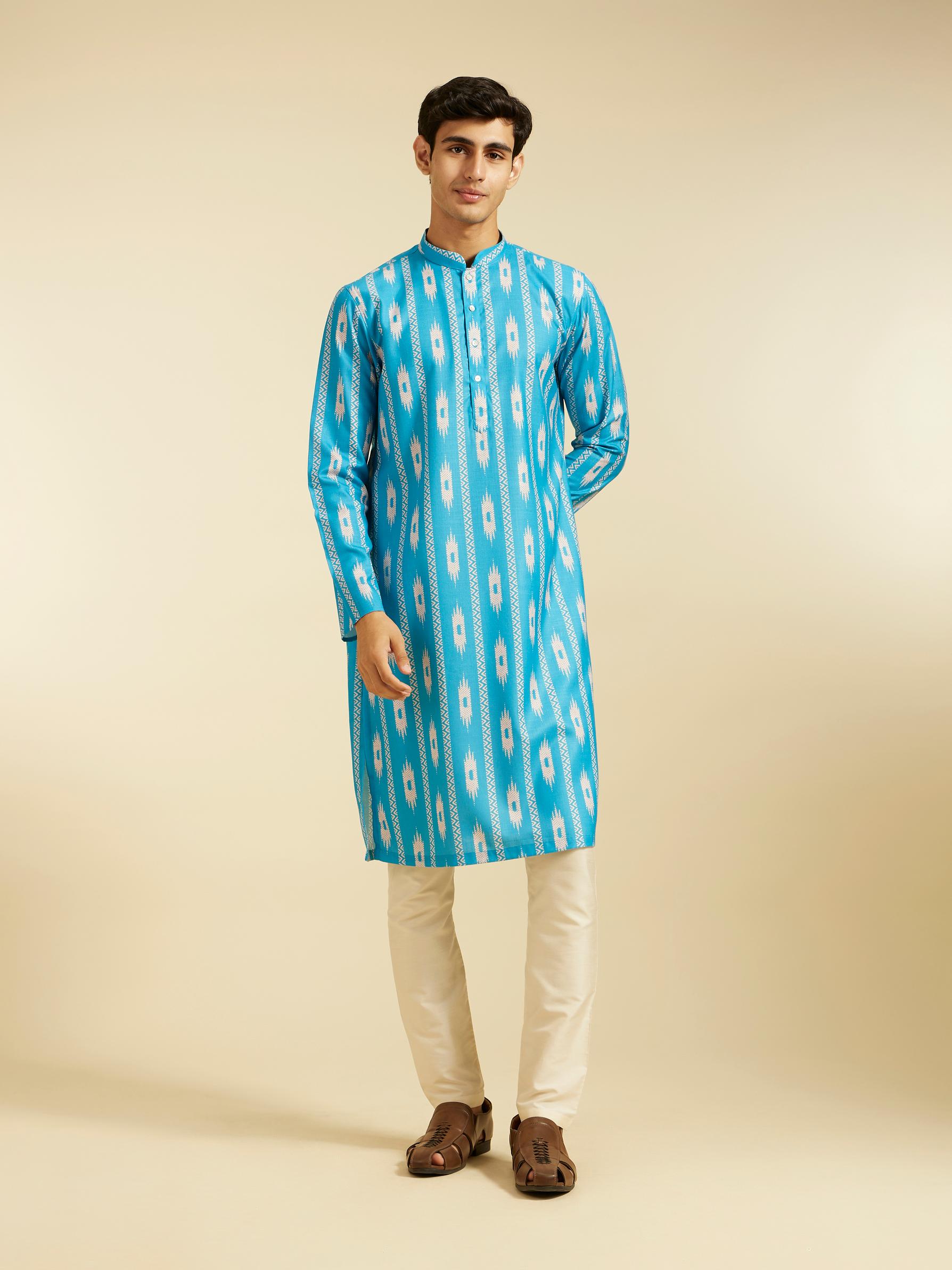 Diwas Men Turquoise Blue Ikat Inspired Patterned Kurta