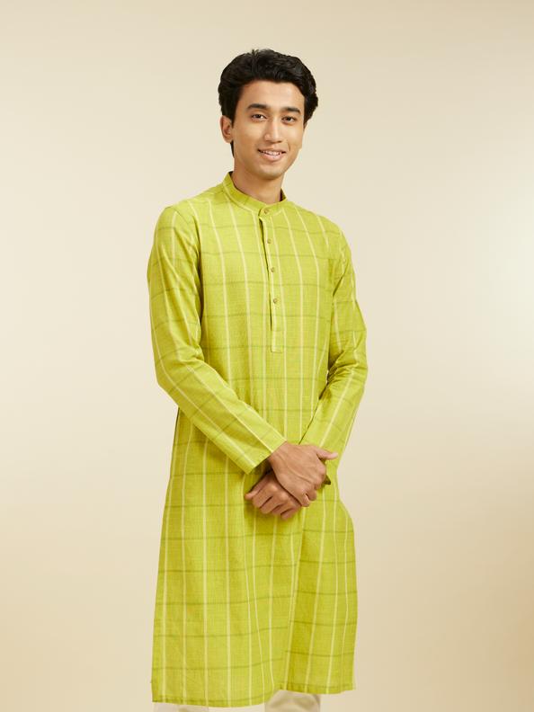 Diwas Men Soft Green Windowpane Checks Patterned Kurta