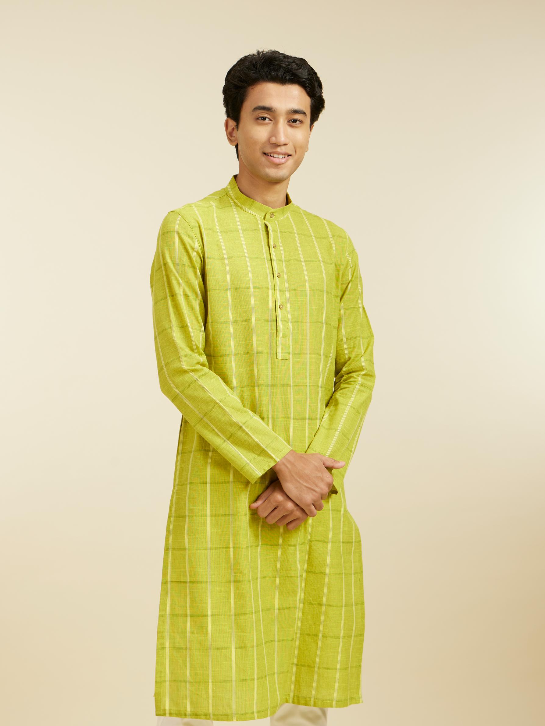 Diwas Men Soft Green Windowpane Checks Patterned Kurta