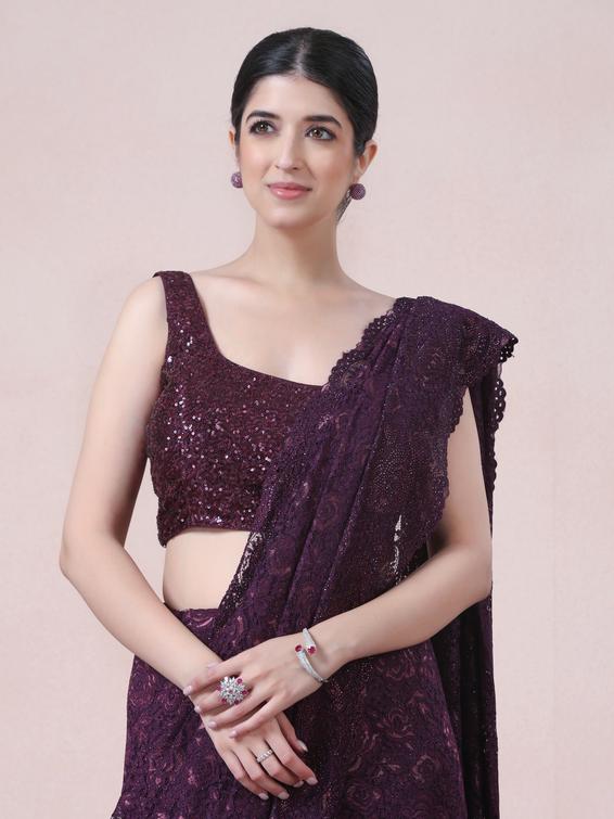 Twamev Women Designer Dark Purple Net Saree