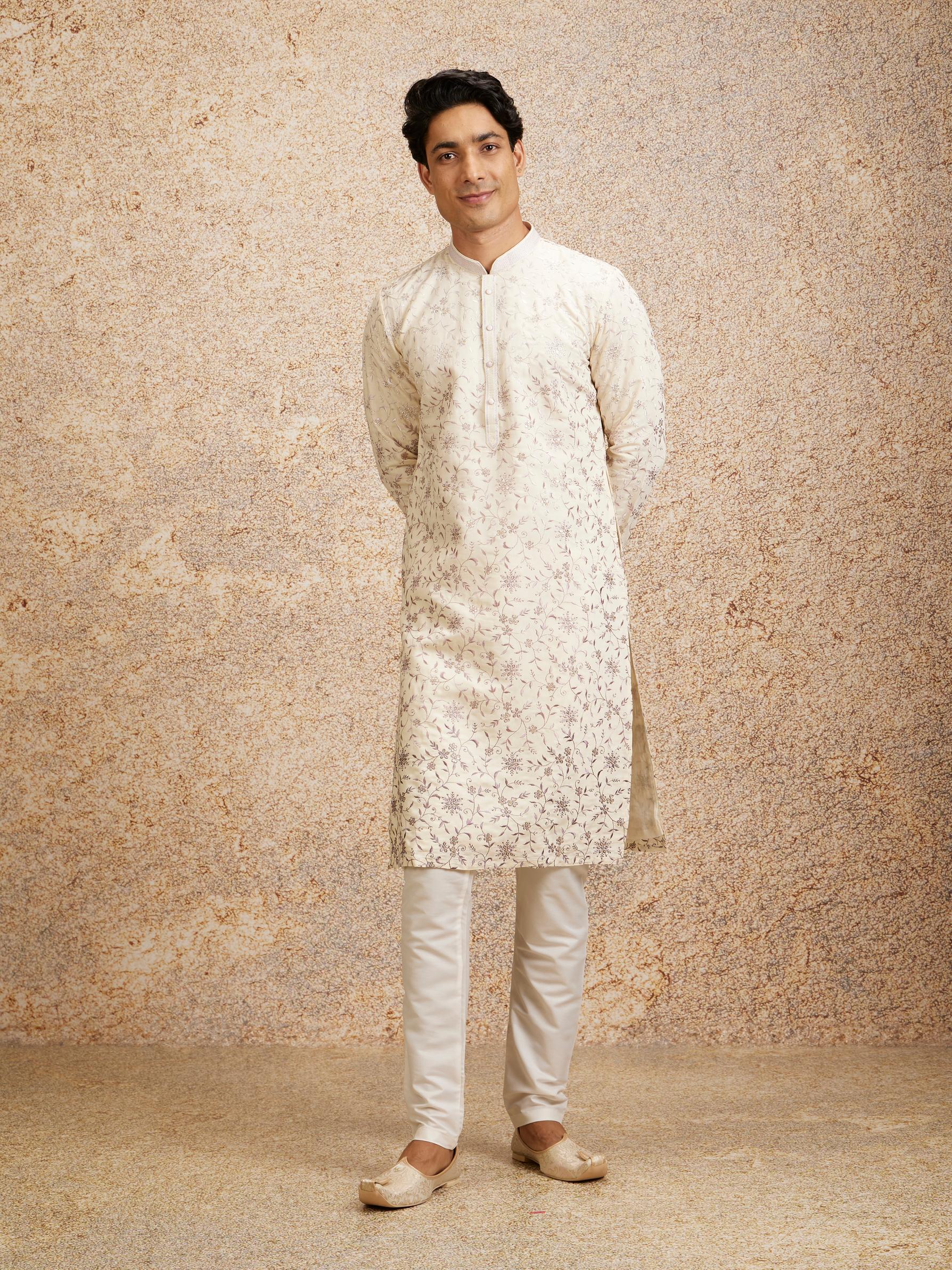 Twamev Men Purple Cream Rhapsody Kurta Pajama
