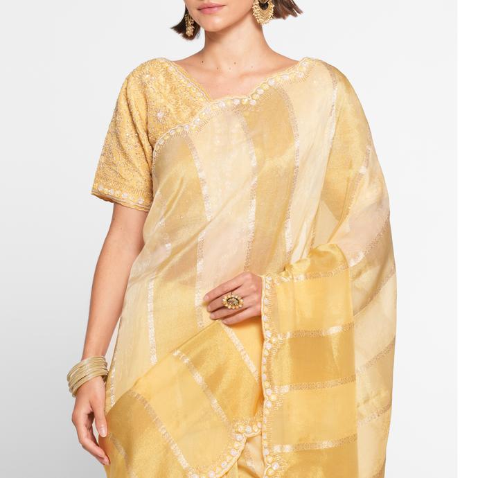 Twamev Women Majestic Light Yellow Organza Saree