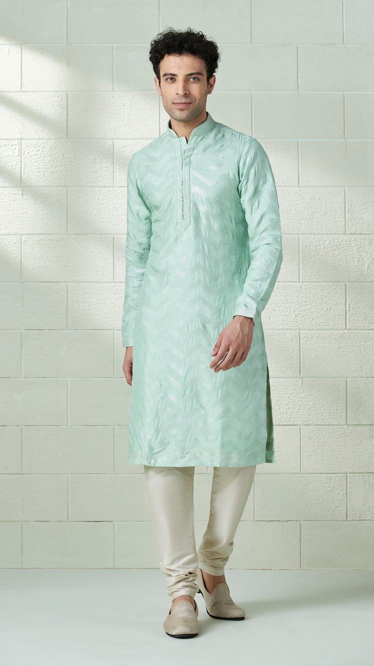 Twamev Men Seafoam Green Chevron Patterned Kurta Set