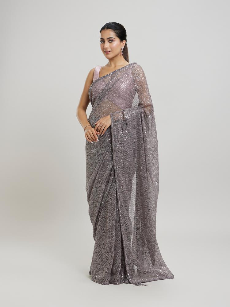 Twamev Women Regal Purple Sequin Saree