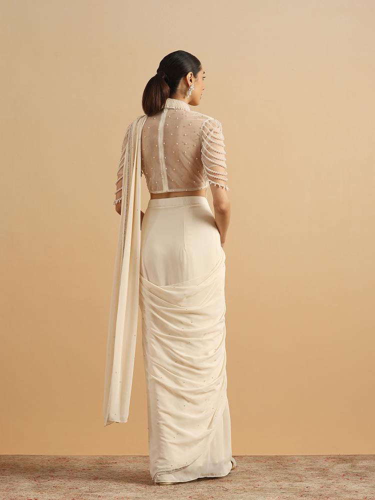 Twamev Women Cream Pearl Dream Party Saree