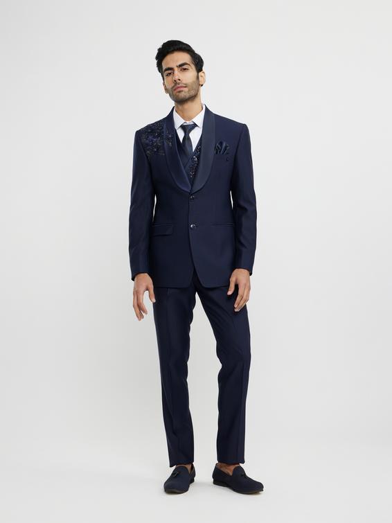 Twamev Men French Navy Blue Suit Set with Sequin Embellishment