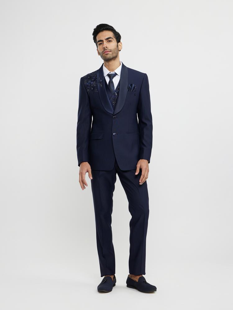 Twamev Men French Navy Blue Suit Set with Sequin Embellishment