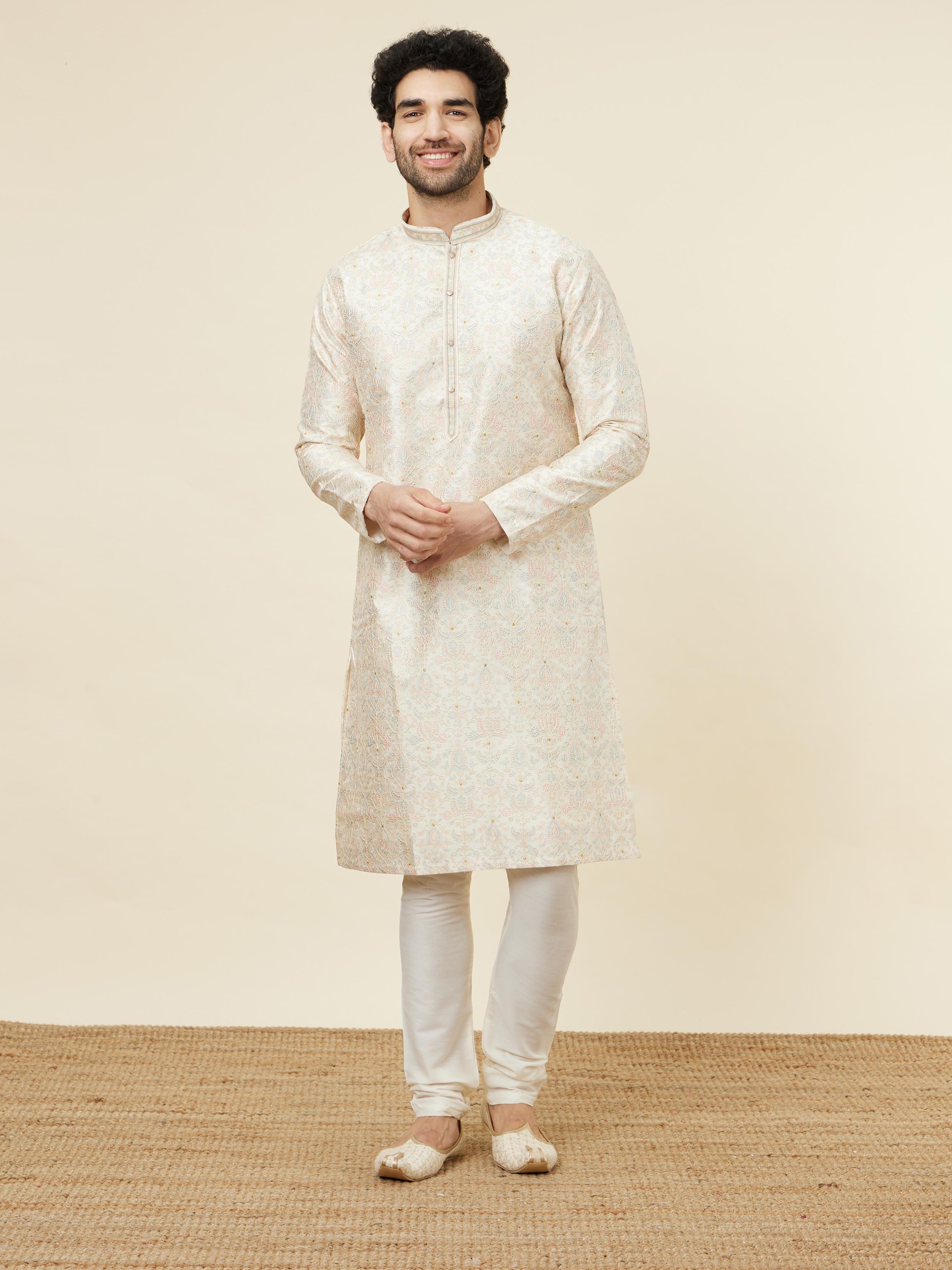 Twamev Men Beige Blossom Kurta Set