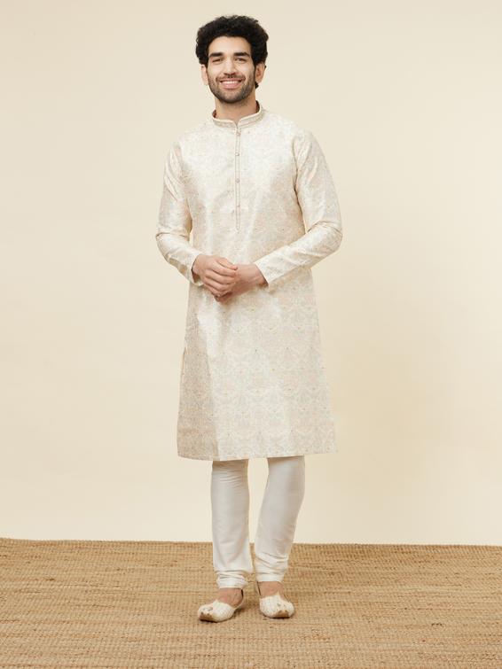 Twamev Men Beige Blossom Kurta Set