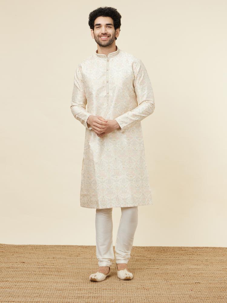 Twamev Men Beige Blossom Kurta Set