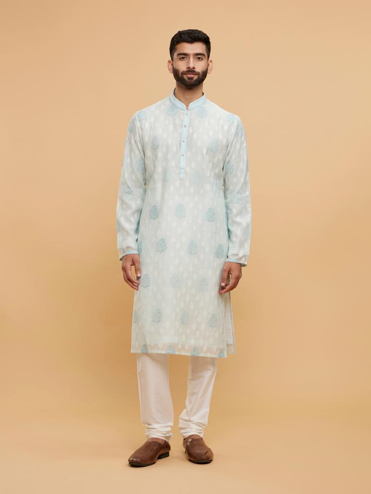 Twamev Men Aqua Green Buta Patterned Kurta Set