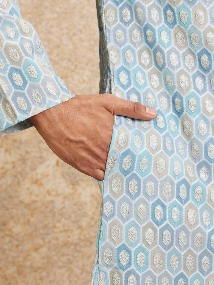 Twamev Men Tranquil Blue Self Patterned Kurta Set