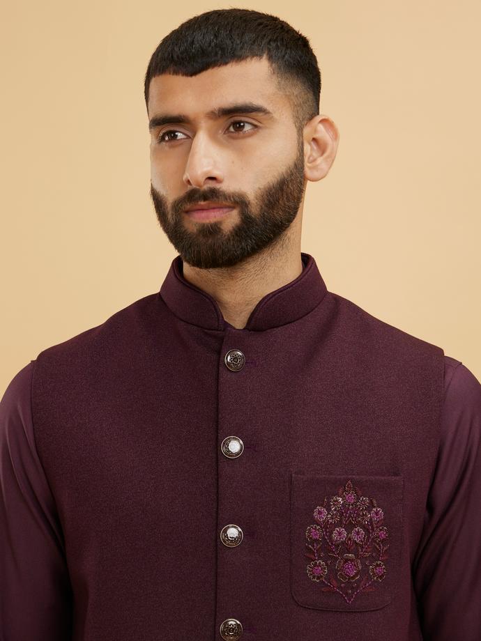 Twamev Men Wine Red Plain Classic Jacket Set with Embellished Medallion Motif