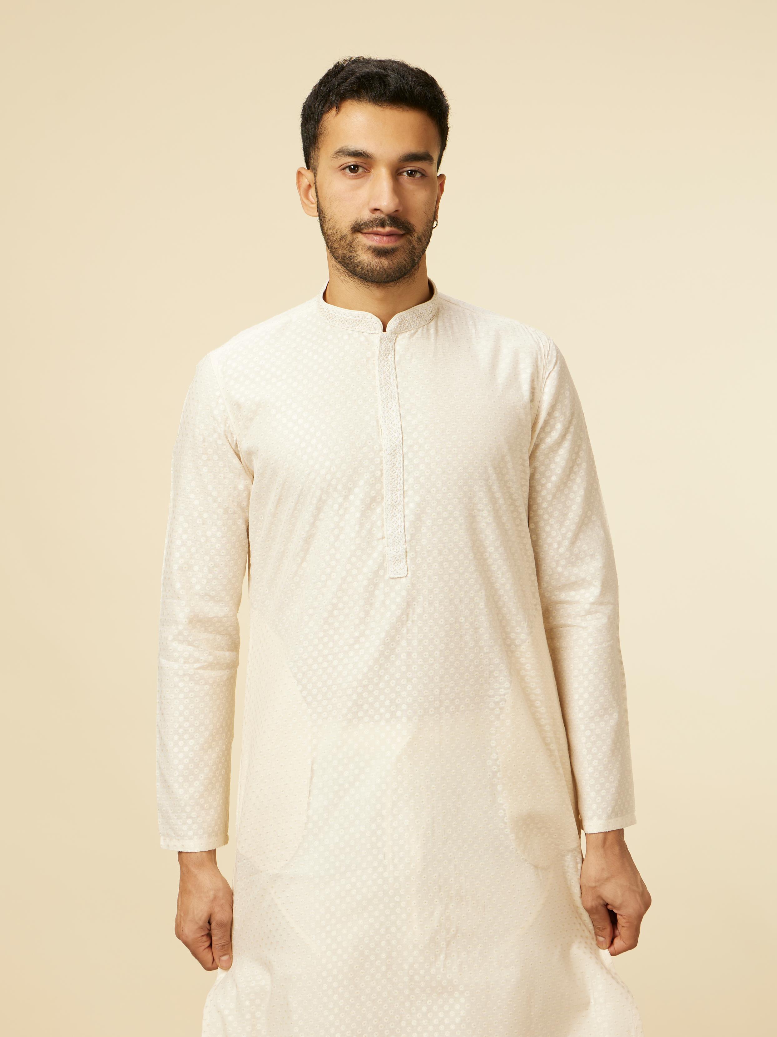 Twamev Men Beige Self Dotted Patterned Kurta Set