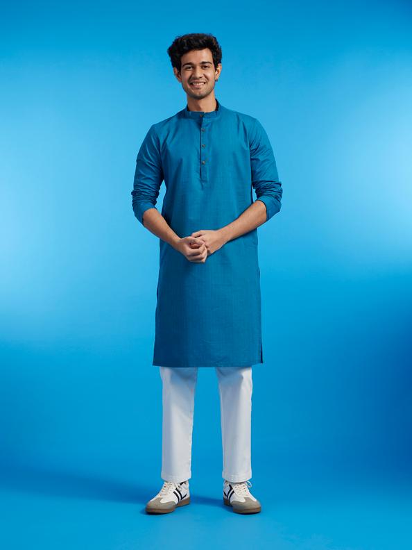 Diwas Men Teal Blue Linear Self Striped Kurta