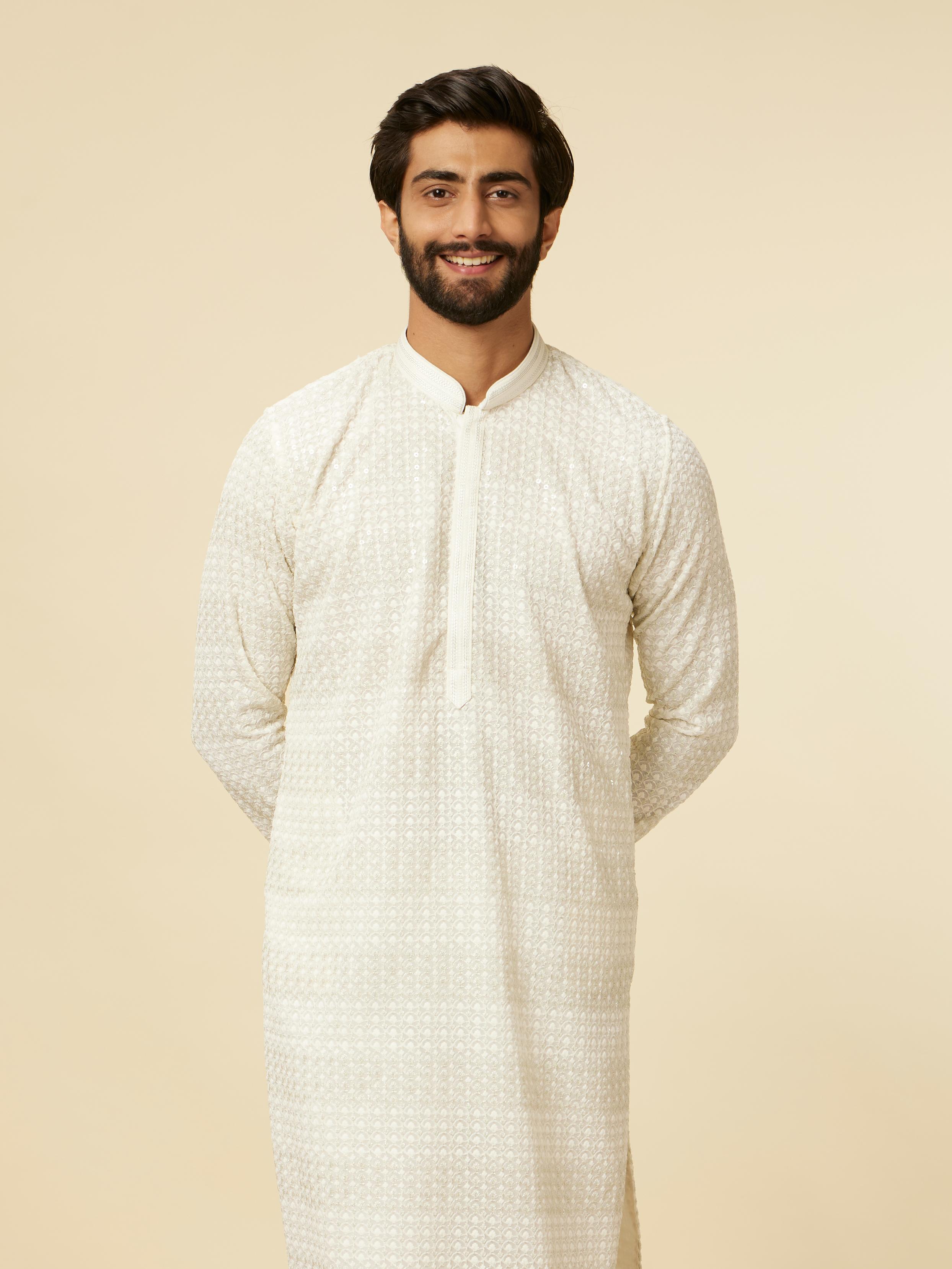 Twamev Men Warm White Self Patterned Sequinned Kurta Set
