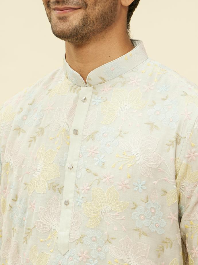 Twamev Men Soft Floral Grey Kurta Set