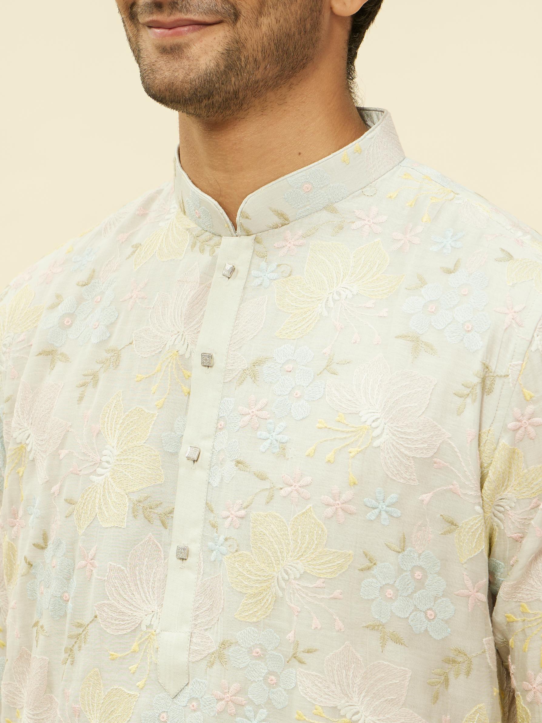 Twamev Men Soft Floral Grey Kurta Set