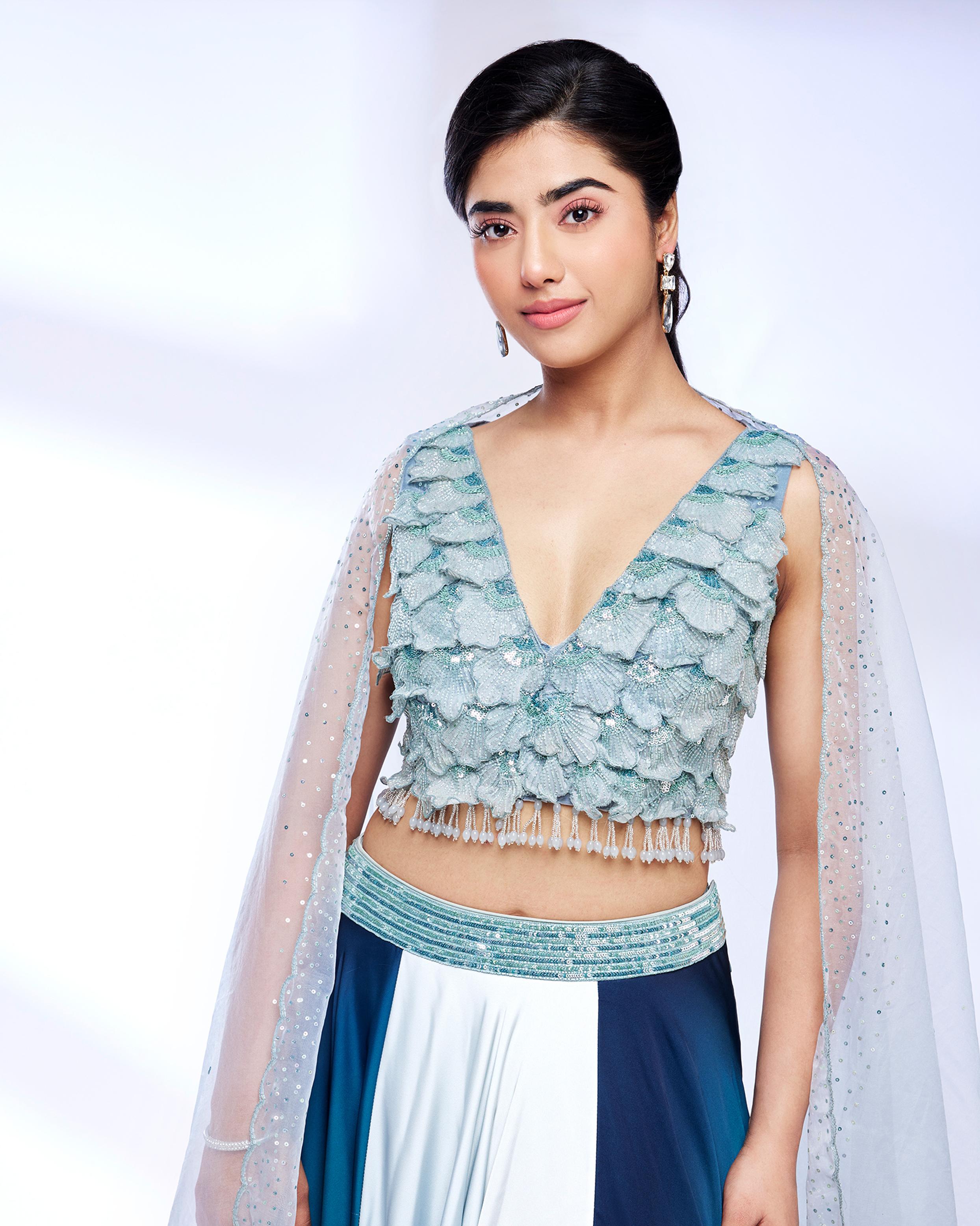 Twamev Women Sea Green Marble Ombre Shaded Skirt Top