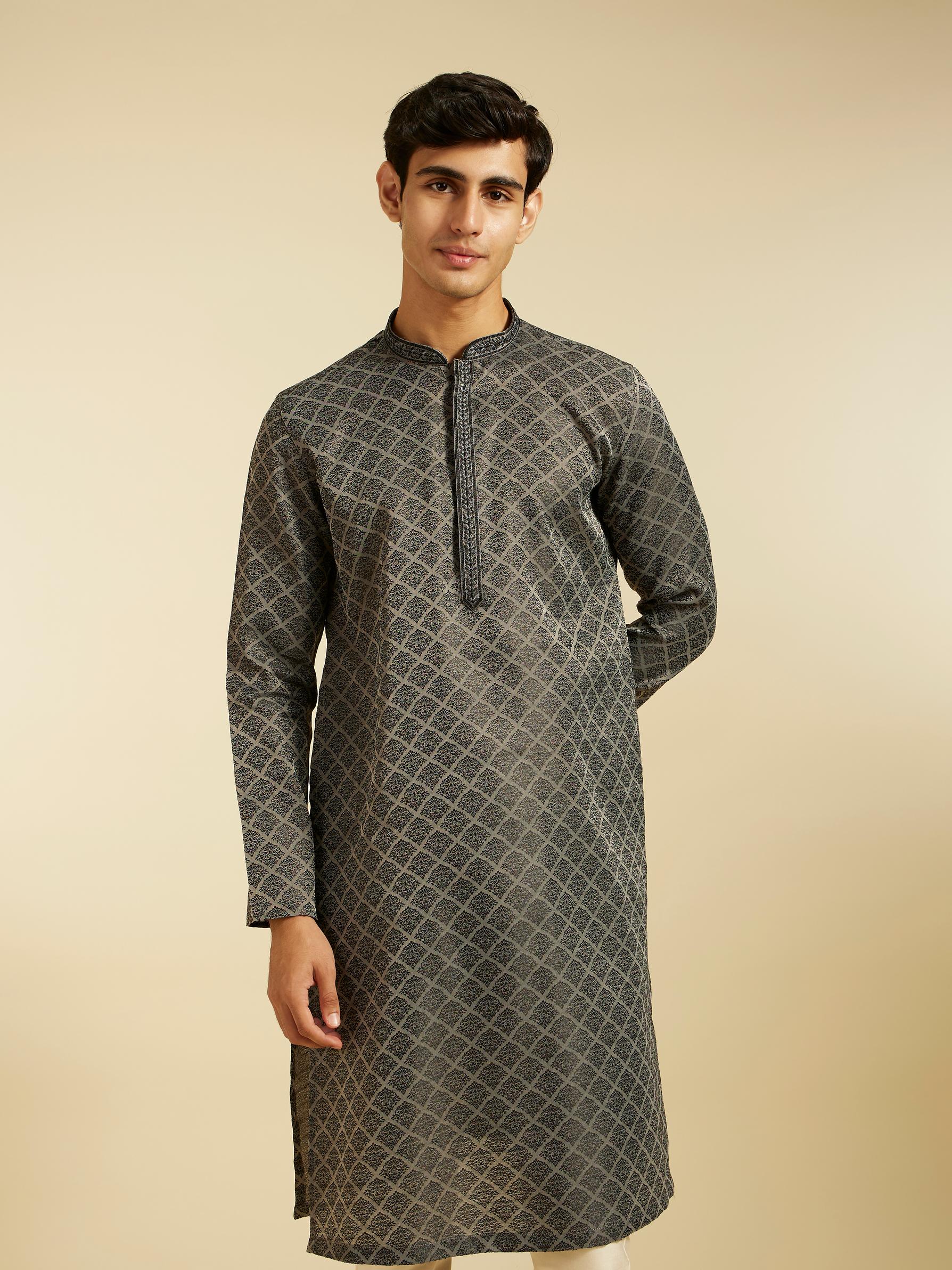Diwas Men Davy Grey Jaal Patterned Kurta
