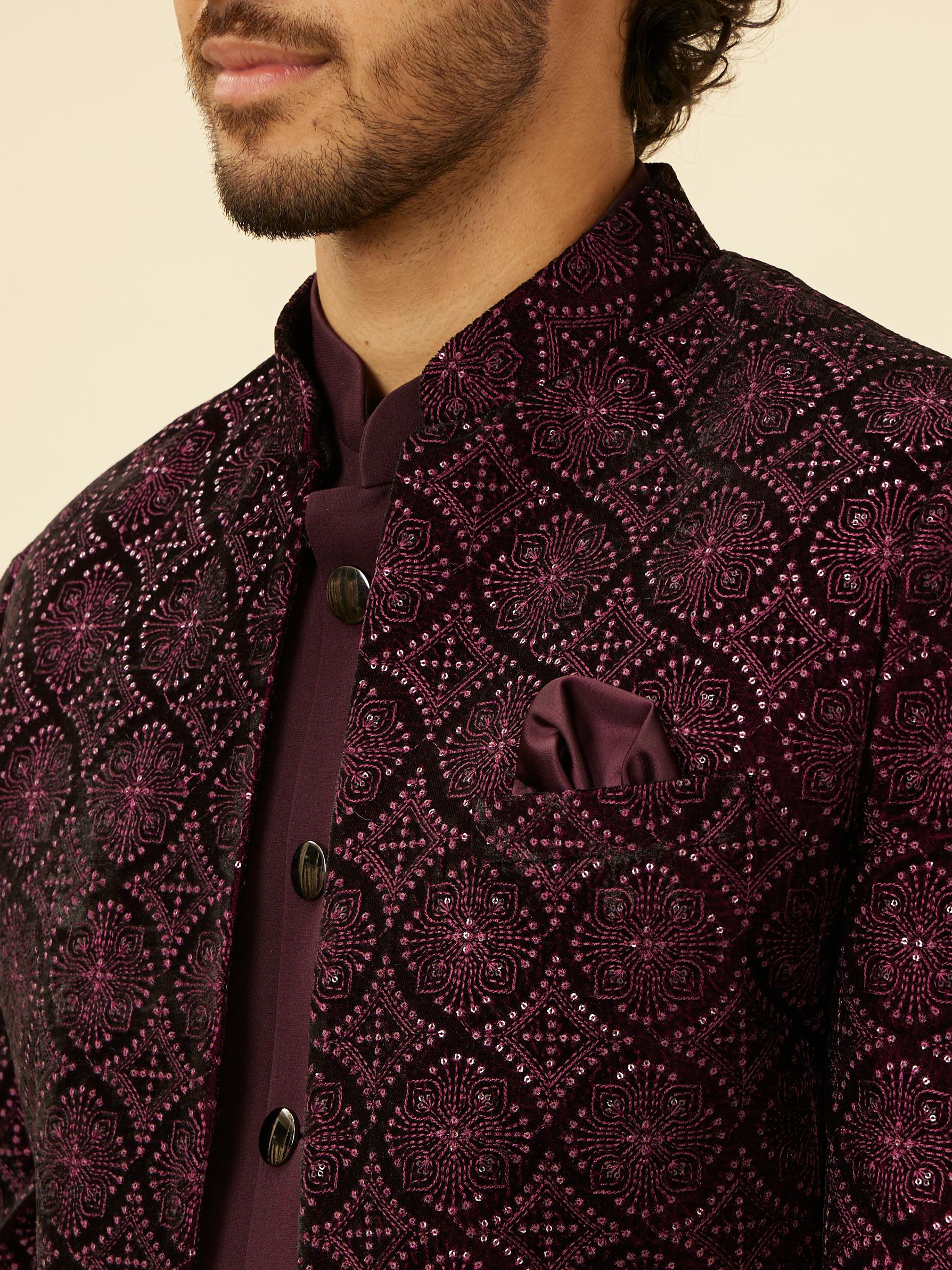 Twamev Men Wine Sequined Embroidery Indo Western