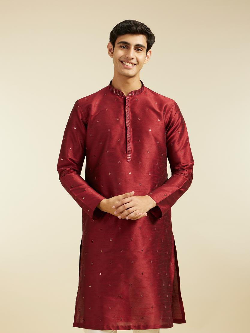Diwas Men Maroon Red Buta Embroidered Kurta with Sequin Work