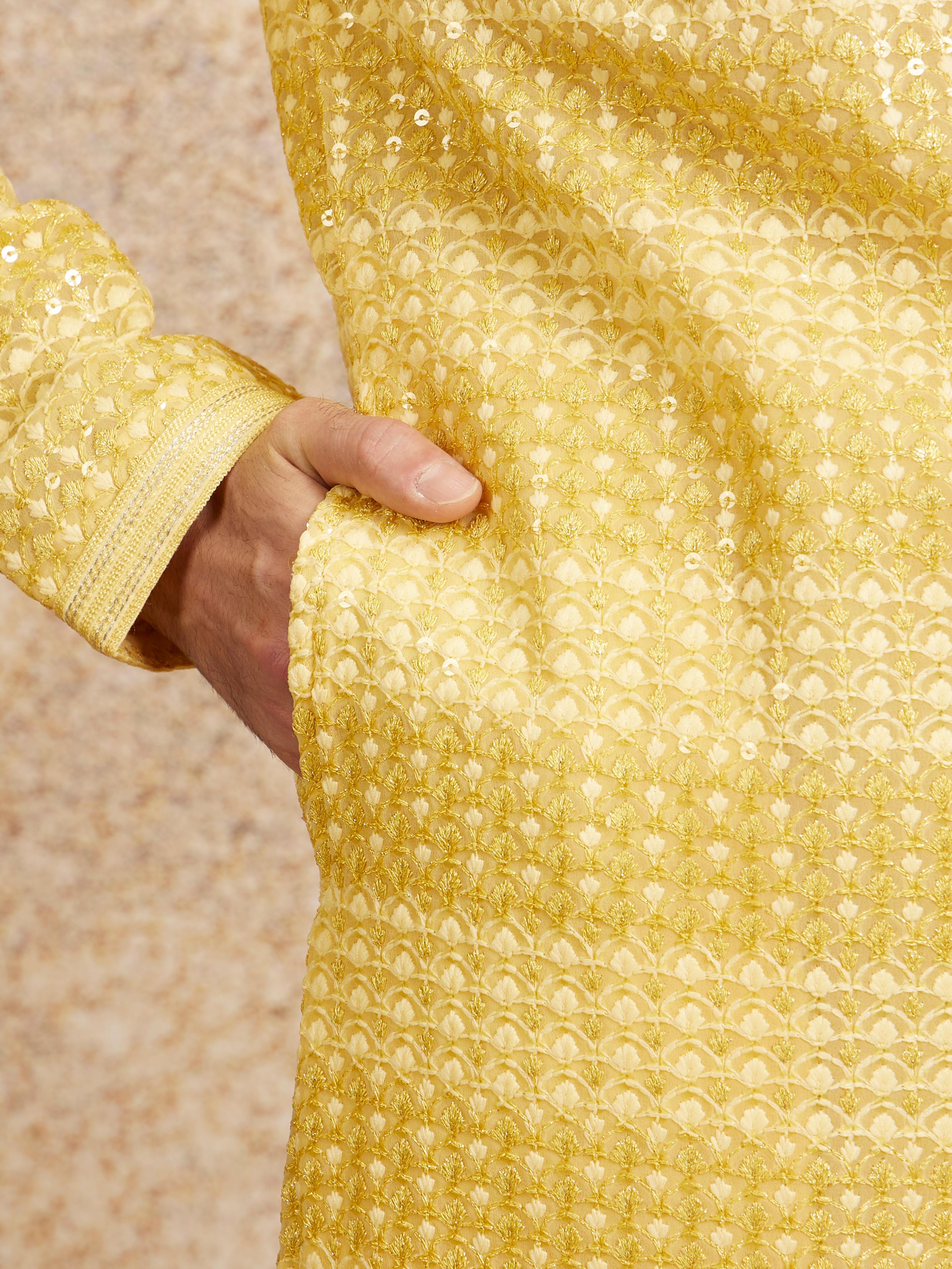 Twamev Men Sparkling Yellow Georgette Kurta Pajama