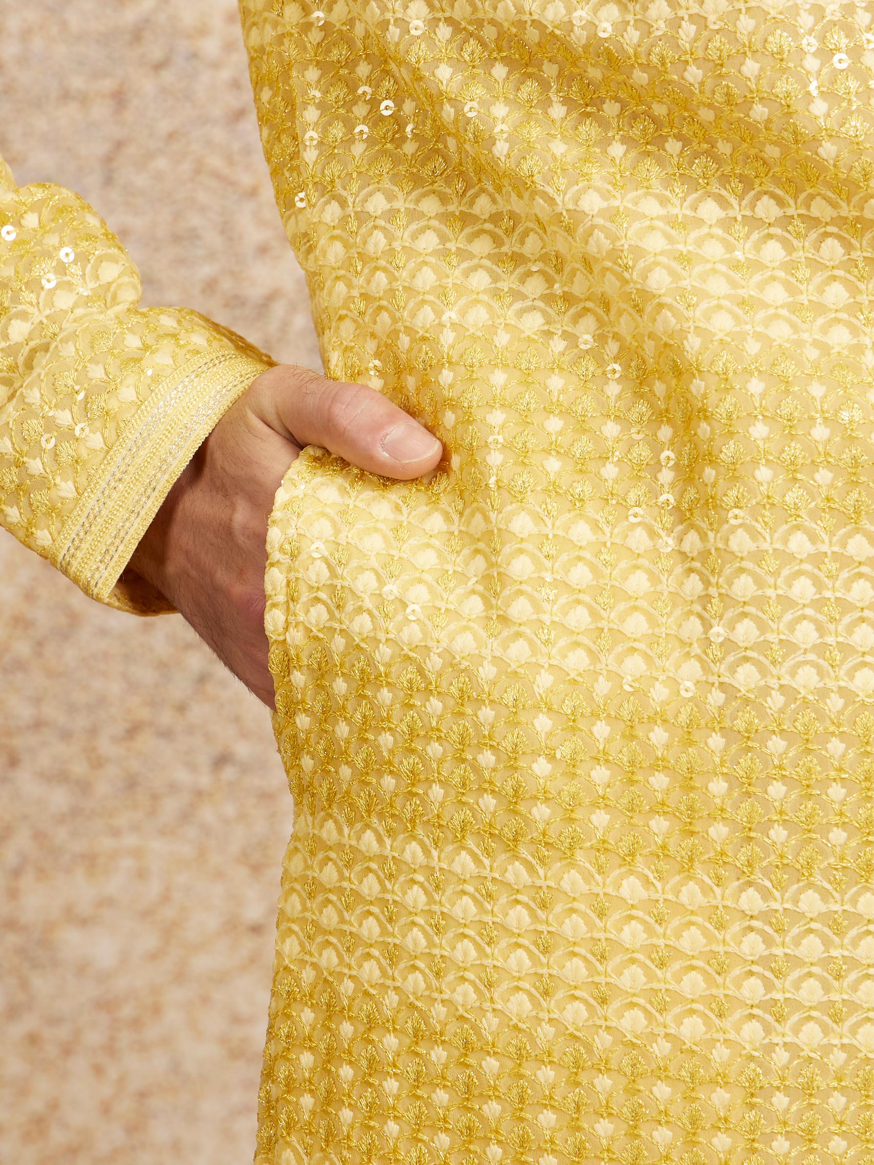 Twamev Men Sparkling Yellow Georgette Kurta Pajama