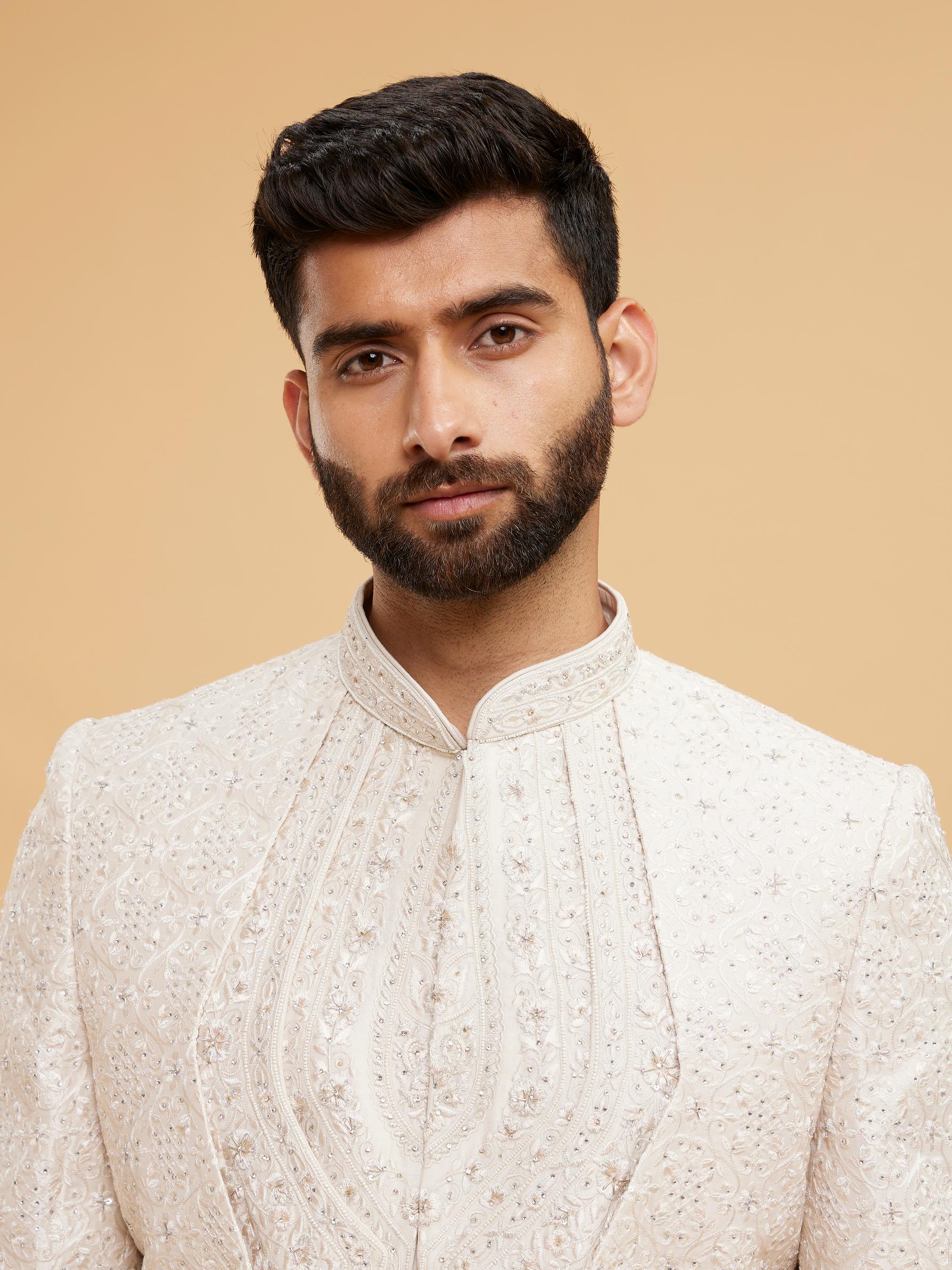 Twamev Men Elegant Cream Art Silk Sherwani Set