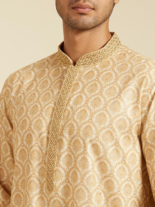 Diwas Men Sand Beige Medallion Printed Kurta with Embroidered Neckline